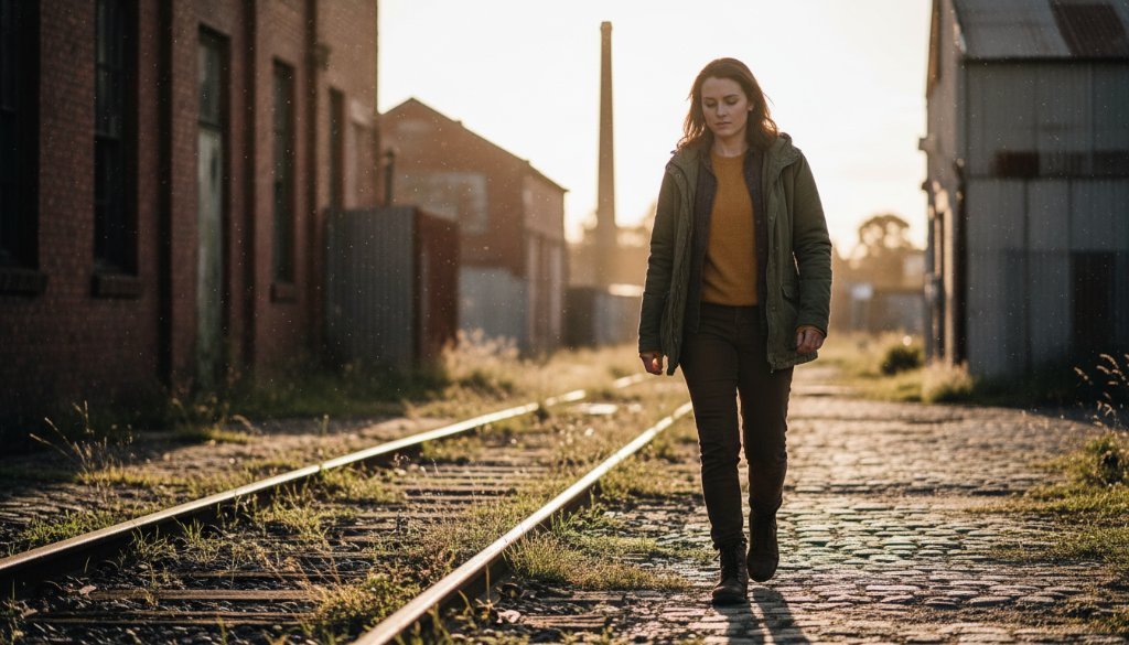 A powerful, cinematic fine art portrait capturing a subject bathed in dramatic golden hour light against a textured industrial backdrop in Dandenong South, embodying Dandenong South artistic portrait photography Victoria.