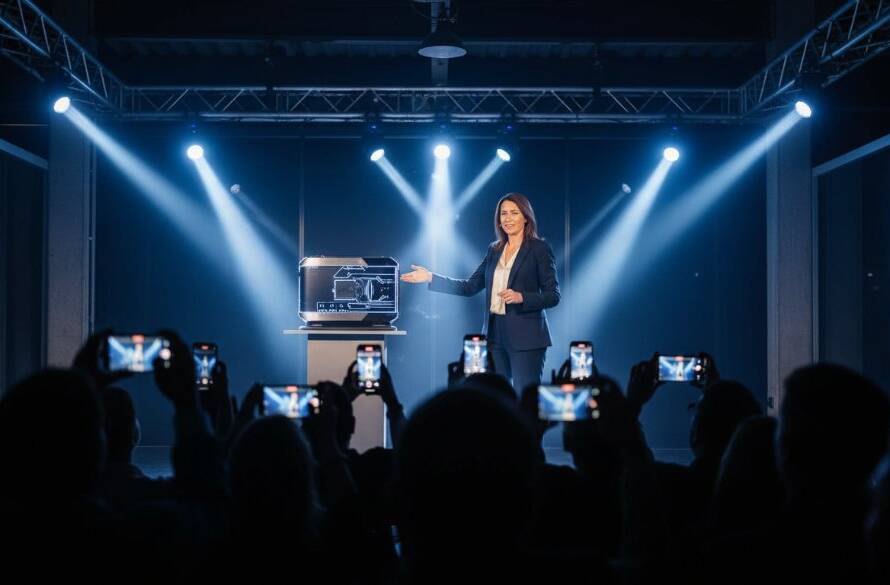 Dramatic wide shot captured by a Dandenong South event photography for business launches professional, showcasing an enthusiastic CEO on stage during a successful product unveiling, with vibrant spotlights and an engaged audience in the background.