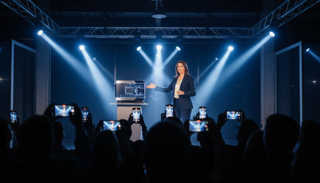 Dramatic wide shot captured by a Dandenong South event photography for business launches professional, showcasing an enthusiastic CEO on stage during a successful product unveiling, with vibrant spotlights and an engaged audience in the background.