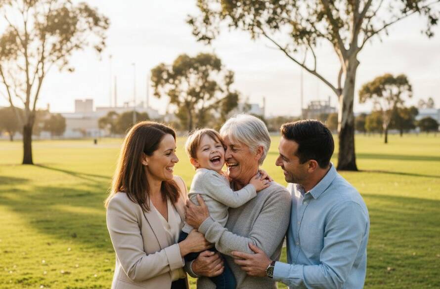 A Dandenong South family photography session capturing an authentic moment: a father holding his young child up in the air, both laughing joyfully as golden hour light bathes them in a soft glow amidst the industrial parkland setting near the Dandenong Bypass, showcasing heartfelt connection with dramatic professional lighting and colour grading.