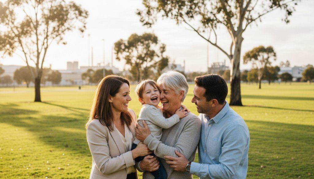 A Dandenong South family photography session capturing an authentic moment: a father holding his young child up in the air, both laughing joyfully as golden hour light bathes them in a soft glow amidst the industrial parkland setting near the Dandenong Bypass, showcasing heartfelt connection with dramatic professional lighting and colour grading.