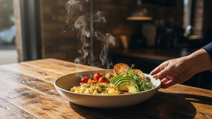 Dramatic, close-up shot of a steaming, perfectly plated gourmet dish, possibly a vibrant brunch item, on a rustic table in a Dandenong South cafe, captured with professional studio lighting and rich colour grading, embodying 'Dandenong South food photography for cafes'.