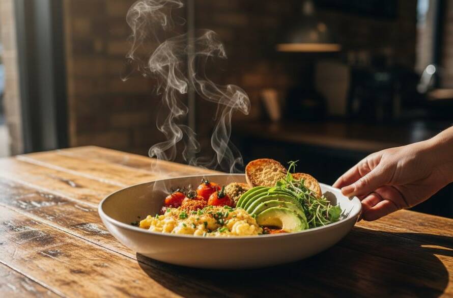 Dramatic, close-up shot of a steaming, perfectly plated gourmet dish, possibly a vibrant brunch item, on a rustic table in a Dandenong South cafe, captured with professional studio lighting and rich colour grading, embodying 'Dandenong South food photography for cafes'.