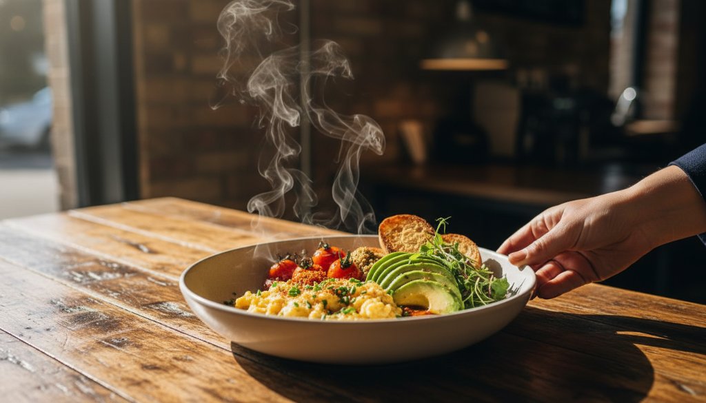 Dramatic, close-up shot of a steaming, perfectly plated gourmet dish, possibly a vibrant brunch item, on a rustic table in a Dandenong South cafe, captured with professional studio lighting and rich colour grading, embodying 'Dandenong South food photography for cafes'.