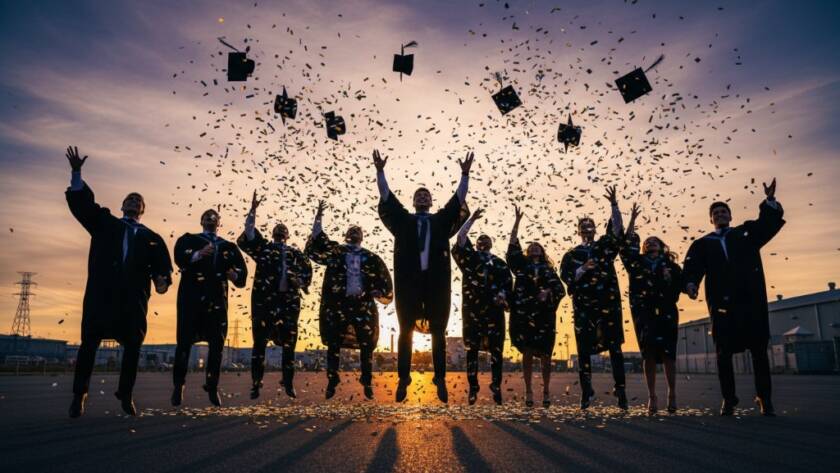 A beaming graduate in Dandenong South, Victoria, celebrating their achievement with a cap toss against a vibrant sunset backdrop, expertly captured through Dandenong South graduate celebration photography Victoria, showcasing joy and success.