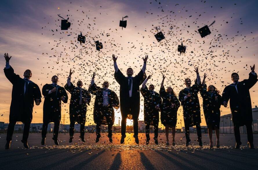 A beaming graduate in Dandenong South, Victoria, celebrating their achievement with a cap toss against a vibrant sunset backdrop, expertly captured through Dandenong South graduate celebration photography Victoria, showcasing joy and success.