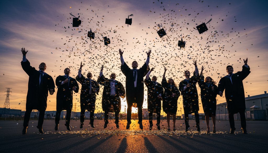 A beaming graduate in Dandenong South, Victoria, celebrating their achievement with a cap toss against a vibrant sunset backdrop, expertly captured through Dandenong South graduate celebration photography Victoria, showcasing joy and success.