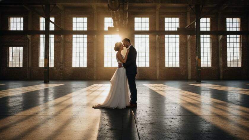 A dramatic, professionally lit photograph of a couple embracing amidst an industrial Dandenong South backdrop, perfectly showcasing Dandenong South Industrial Chic Wedding Photography with a cinematic and emotional feel.