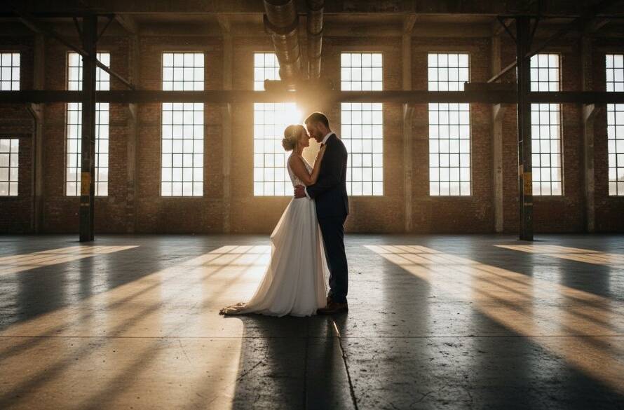 A dramatic, professionally lit photograph of a couple embracing amidst an industrial Dandenong South backdrop, perfectly showcasing Dandenong South Industrial Chic Wedding Photography with a cinematic and emotional feel.