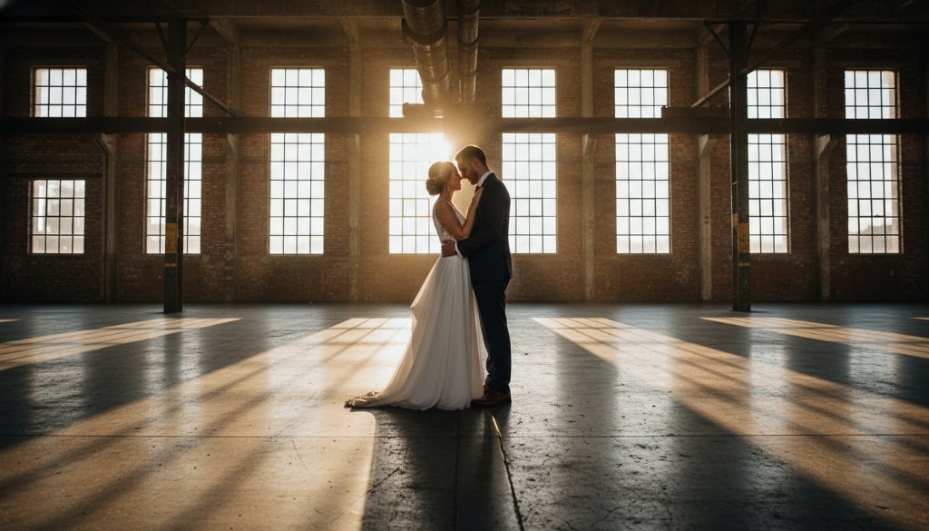 A dramatic, professionally lit photograph of a couple embracing amidst an industrial Dandenong South backdrop, perfectly showcasing Dandenong South Industrial Chic Wedding Photography with a cinematic and emotional feel.