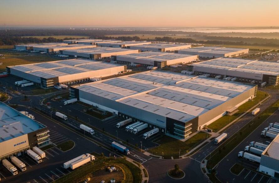 Epic Dandenong South industrial drone photography showcasing scale and logistics at a massive logistics park at sunrise, with trucks moving, warehouses stretching into the distance, and golden light silhouetting infrastructure.