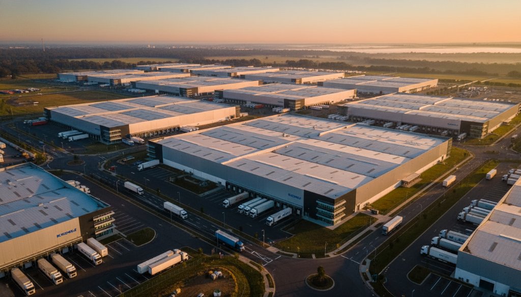 Epic Dandenong South industrial drone photography showcasing scale and logistics at a massive logistics park at sunrise, with trucks moving, warehouses stretching into the distance, and golden light silhouetting infrastructure.