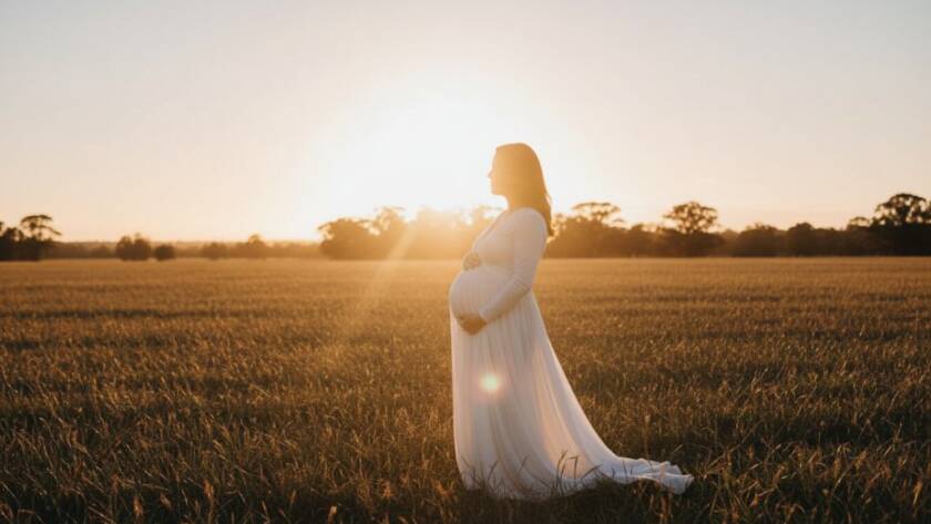A glowing mother-to-be, silhouetted by the golden hour sun setting over a serene Dandenong South landscape, radiating an unforgettable glow during her Dandenong South maternity photoshoot. Professional, dramatic lighting captures this epic moment.
