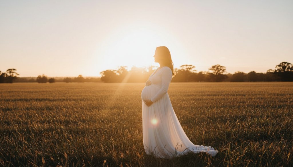 A glowing mother-to-be, silhouetted by the golden hour sun setting over a serene Dandenong South landscape, radiating an unforgettable glow during her Dandenong South maternity photoshoot. Professional, dramatic lighting captures this epic moment.