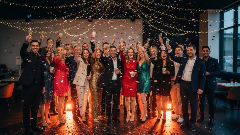 Dramatic wide shot of an indoor birthday party in Dandenong South, Victoria, showcasing a vibrant moment of guests toasting with joy, expertly captured through Dandenong South party photography unforgettable celebrations, with professional lighting and rich colours.
