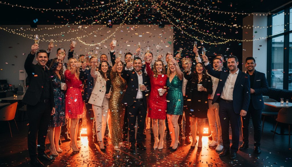 Dramatic wide shot of an indoor birthday party in Dandenong South, Victoria, showcasing a vibrant moment of guests toasting with joy, expertly captured through Dandenong South party photography unforgettable celebrations, with professional lighting and rich colours.