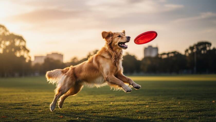 An epic moment of a golden retriever joyfully leaping through long, sun-drenched grass in a Dandenong South park, its fur illuminated by golden hour light, perfectly capturing its playful personality through Dandenong South pet photography capturing local furry personalities.