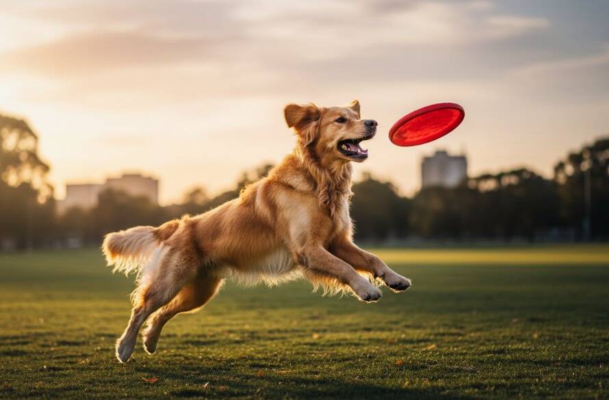 An epic moment of a golden retriever joyfully leaping through long, sun-drenched grass in a Dandenong South park, its fur illuminated by golden hour light, perfectly capturing its playful personality through Dandenong South pet photography capturing local furry personalities.