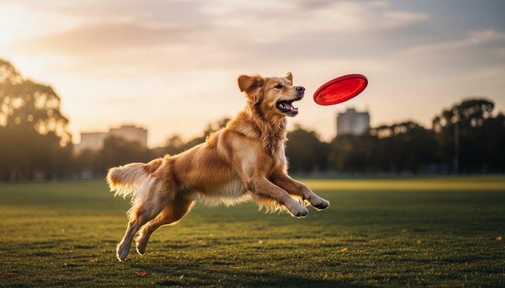 An epic moment of a golden retriever joyfully leaping through long, sun-drenched grass in a Dandenong South park, its fur illuminated by golden hour light, perfectly capturing its playful personality through Dandenong South pet photography capturing local furry personalities.