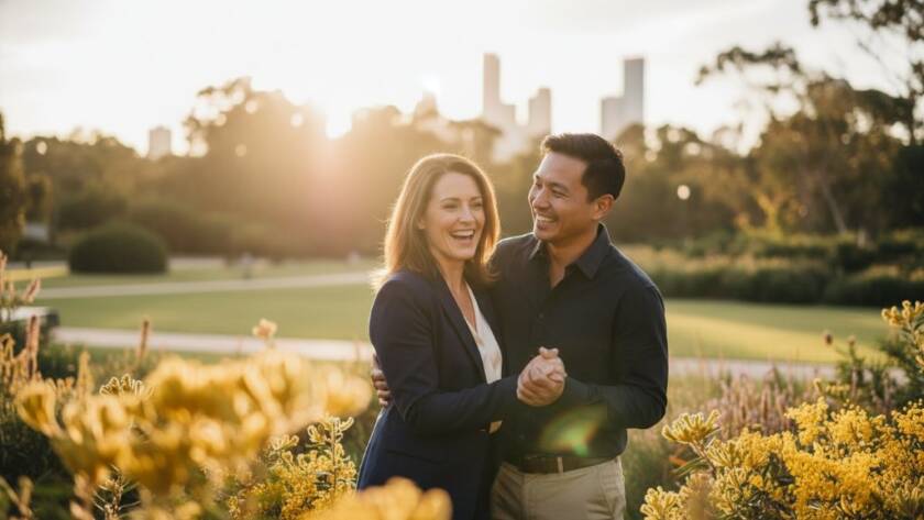 An emotionally charged, wide-angle professional shot capturing a couple embracing passionately amidst the golden hour glow of a Dandenong South romantic parkland engagement photography session, with soft bokeh background and dramatic light.