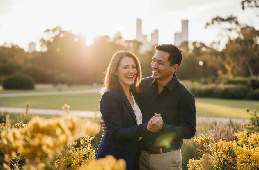 An emotionally charged, wide-angle professional shot capturing a couple embracing passionately amidst the golden hour glow of a Dandenong South romantic parkland engagement photography session, with soft bokeh background and dramatic light.