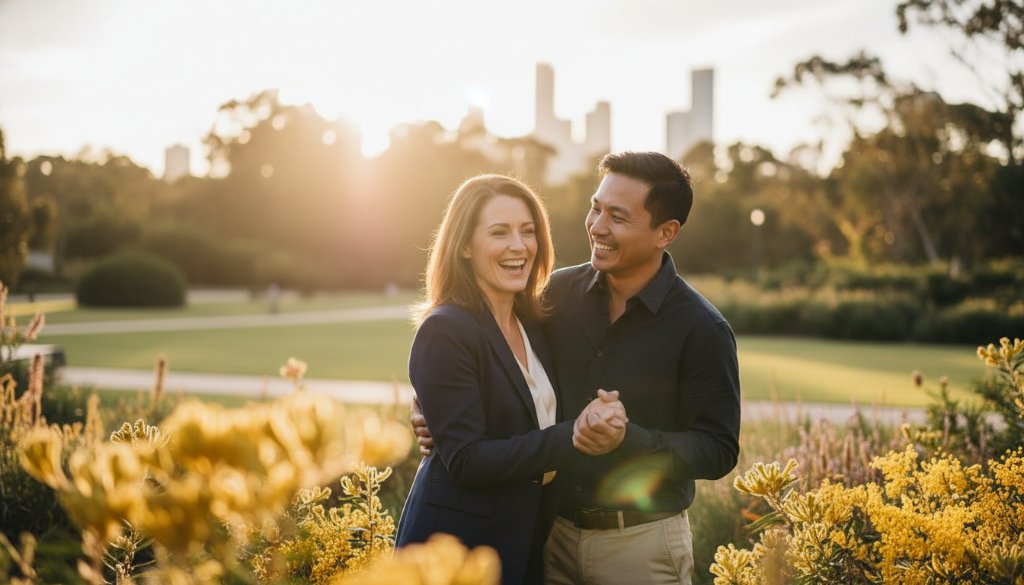 An emotionally charged, wide-angle professional shot capturing a couple embracing passionately amidst the golden hour glow of a Dandenong South romantic parkland engagement photography session, with soft bokeh background and dramatic light.