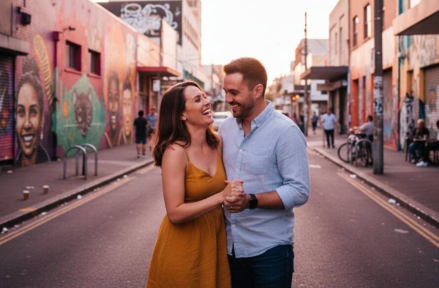 An epic moment of a couple sharing a tender, genuine laugh amidst the vibrant street art of Dandenong, Victoria, captured through candid engagement photography, bathed in dramatic golden hour light, showcasing their unfiltered joy.