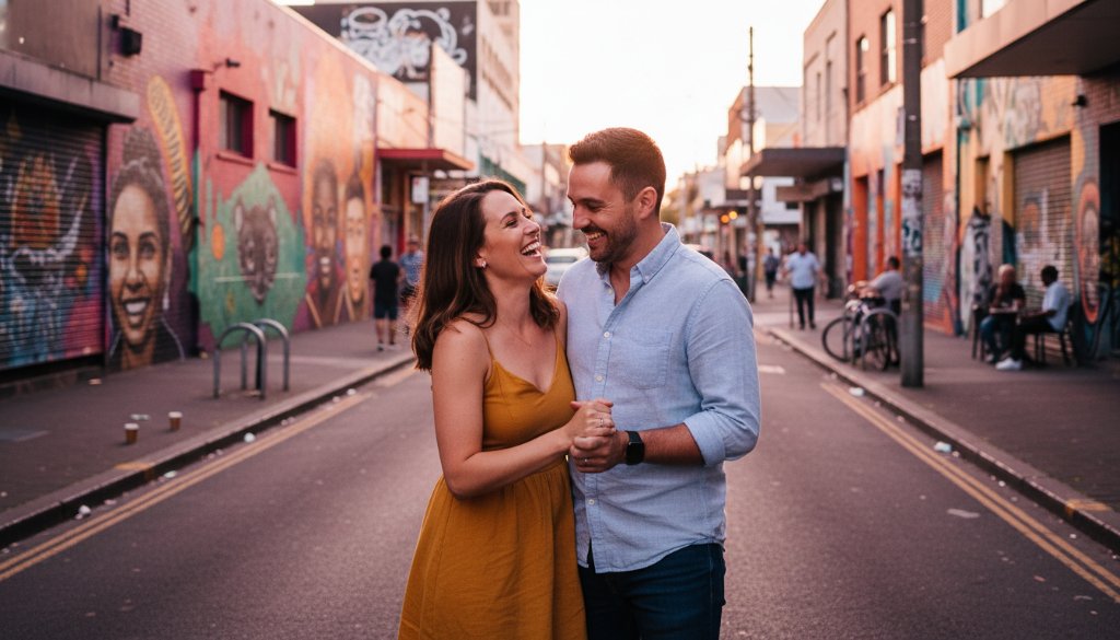 An epic moment of a couple sharing a tender, genuine laugh amidst the vibrant street art of Dandenong, Victoria, captured through candid engagement photography, bathed in dramatic golden hour light, showcasing their unfiltered joy.