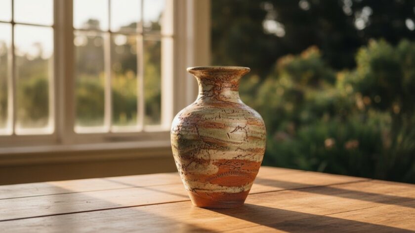 Dramatic, golden-hour photograph of a beautifully crafted Daylesford artisan ceramic vase, positioned by a sun-drenched window overlooking the lush Wombat Hill Botanic Gardens, showcasing professional Daylesford advertising photography for artisan brands.