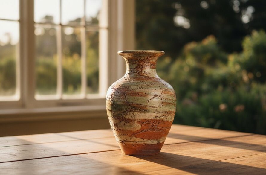 Dramatic, golden-hour photograph of a beautifully crafted Daylesford artisan ceramic vase, positioned by a sun-drenched window overlooking the lush Wombat Hill Botanic Gardens, showcasing professional Daylesford advertising photography for artisan brands.