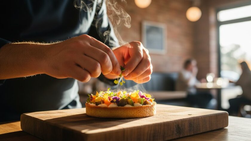 Dramatic close-up of a steaming, exquisitely plated dish from a Daylesford cafe, captured with expert Daylesford artisan food photography for local cafes, showcasing vibrant colours and textures under warm, inviting light.