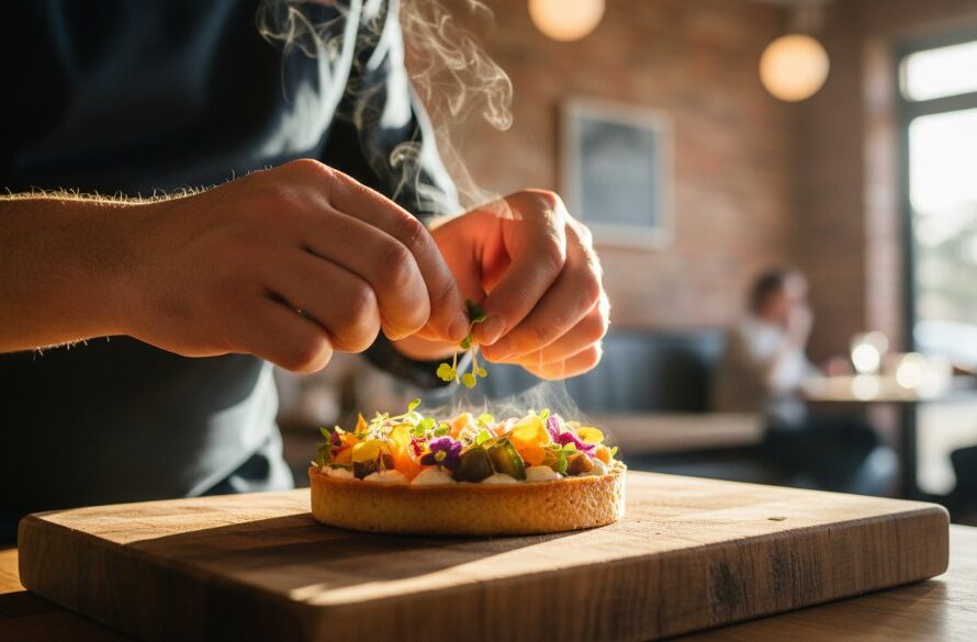 Dramatic close-up of a steaming, exquisitely plated dish from a Daylesford cafe, captured with expert Daylesford artisan food photography for local cafes, showcasing vibrant colours and textures under warm, inviting light.