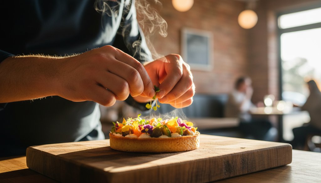 Dramatic close-up of a steaming, exquisitely plated dish from a Daylesford cafe, captured with expert Daylesford artisan food photography for local cafes, showcasing vibrant colours and textures under warm, inviting light.