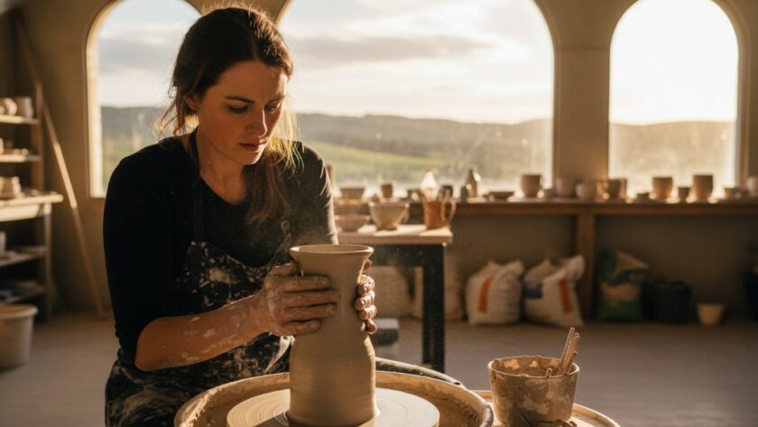 A passionate artisan meticulously crafting a bespoke item in their Daylesford studio, illuminated by golden hour light, capturing the essence of Daylesford bespoke business branding photography.