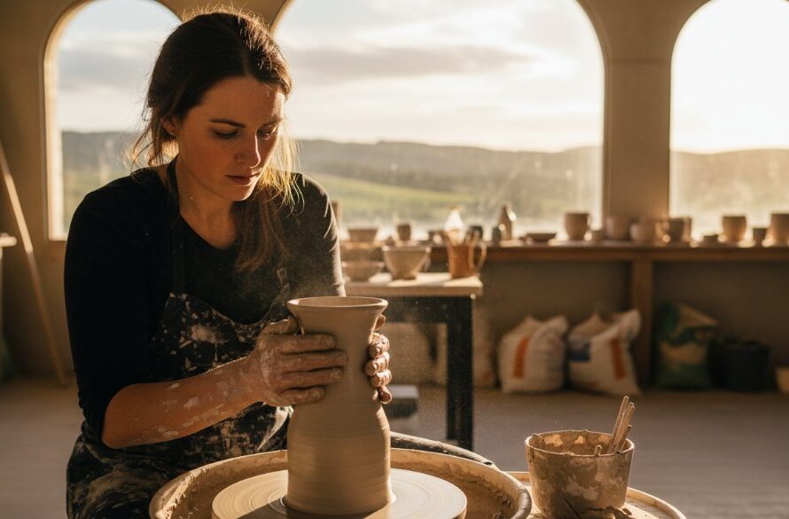 A passionate artisan meticulously crafting a bespoke item in their Daylesford studio, illuminated by golden hour light, capturing the essence of Daylesford bespoke business branding photography.