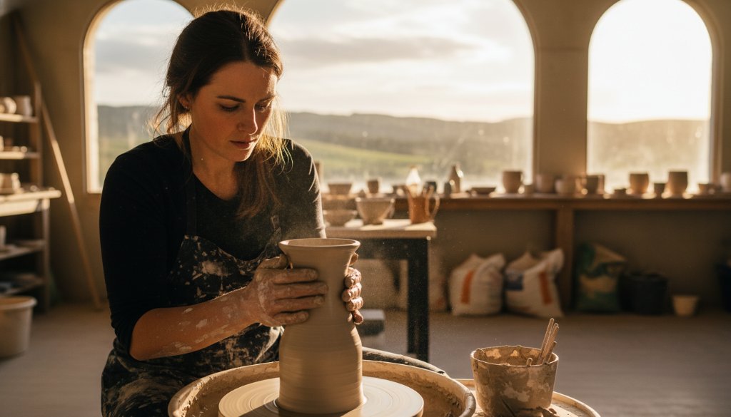 A passionate artisan meticulously crafting a bespoke item in their Daylesford studio, illuminated by golden hour light, capturing the essence of Daylesford bespoke business branding photography.