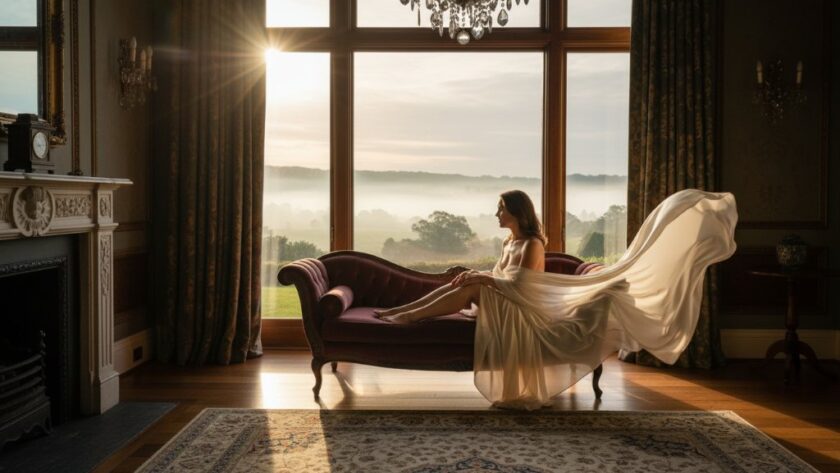 A stunning portrait from a Daylesford Boudoir Photography Journey Victoria, featuring a woman draped in silk, gazing reflectively from a luxurious window overlooking Daylesford's misty hills, bathed in soft, golden morning light.