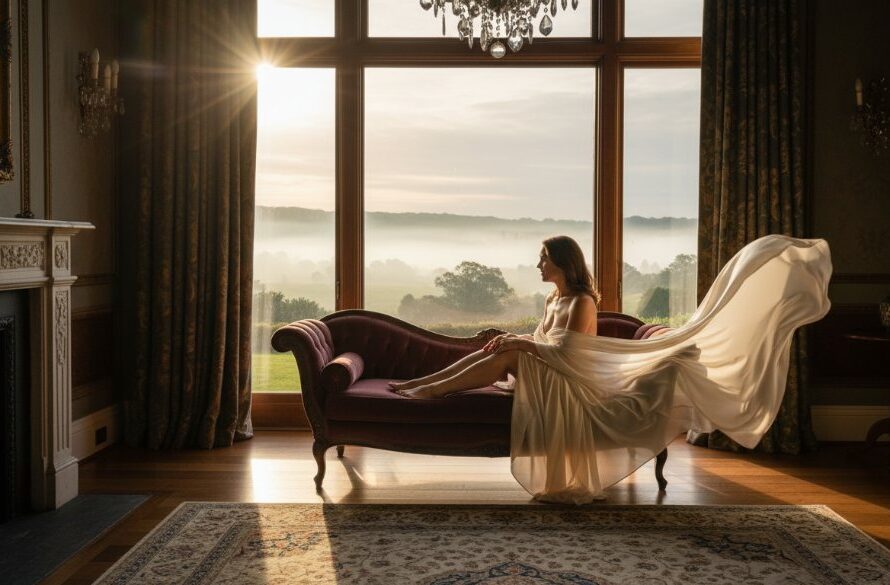 A stunning portrait from a Daylesford Boudoir Photography Journey Victoria, featuring a woman draped in silk, gazing reflectively from a luxurious window overlooking Daylesford's misty hills, bathed in soft, golden morning light.