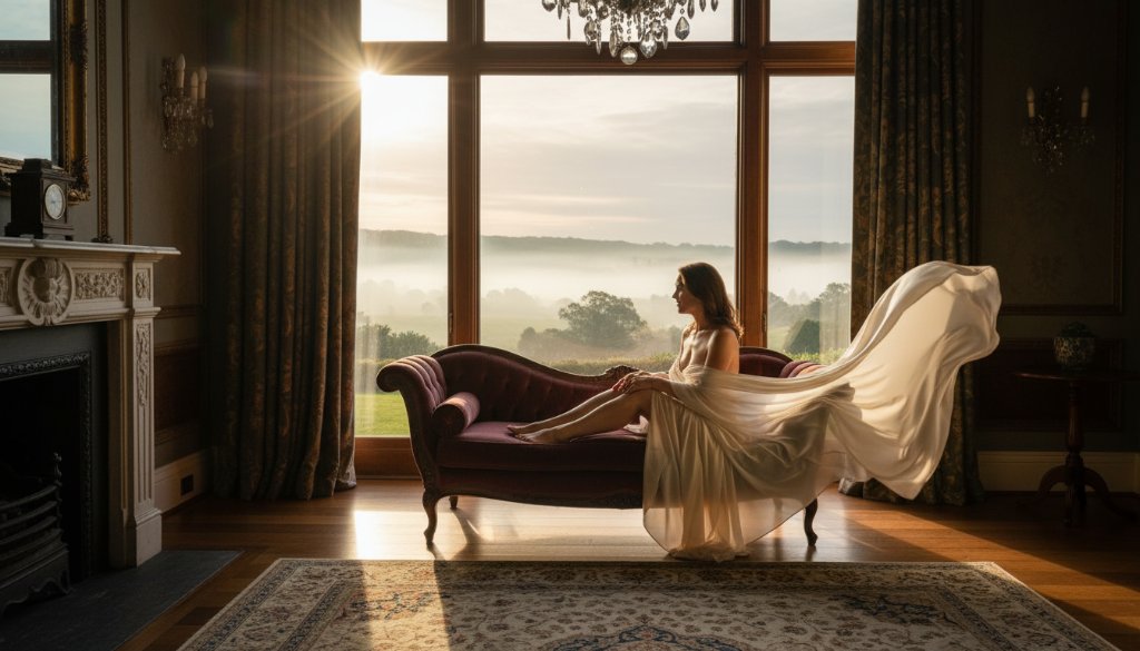 A stunning portrait from a Daylesford Boudoir Photography Journey Victoria, featuring a woman draped in silk, gazing reflectively from a luxurious window overlooking Daylesford's misty hills, bathed in soft, golden morning light.