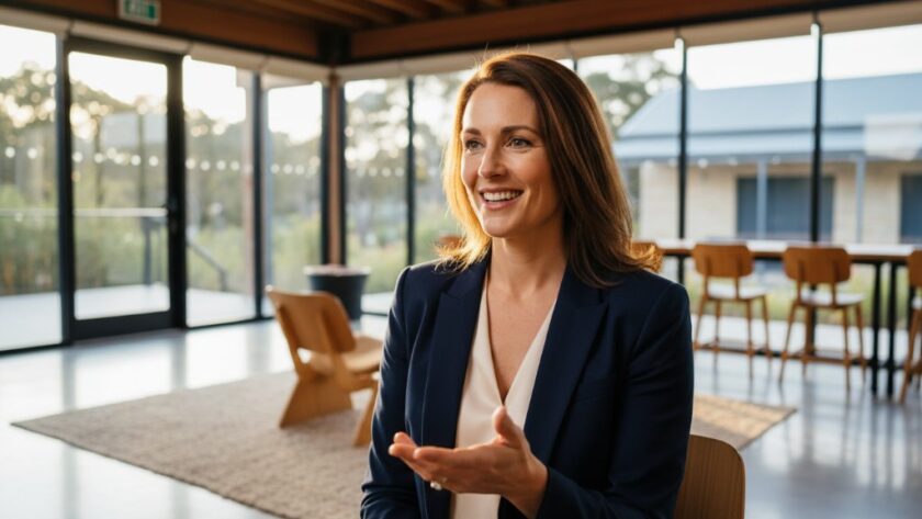 An epic moment captured in Daylesford corporate photography for local businesses: A confident female entrepreneur in a stylish blazer, bathed in warm afternoon sunlight, smiles genuinely as she engages with a client in a modern, rustic cafe, showcasing the vibrant and professional atmosphere of Daylesford's business community, shot with dramatic lighting and professional colour grading.