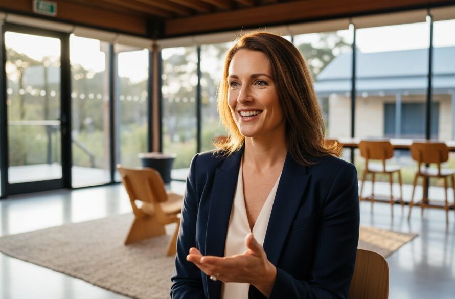 An epic moment captured in Daylesford corporate photography for local businesses: A confident female entrepreneur in a stylish blazer, bathed in warm afternoon sunlight, smiles genuinely as she engages with a client in a modern, rustic cafe, showcasing the vibrant and professional atmosphere of Daylesford's business community, shot with dramatic lighting and professional colour grading.