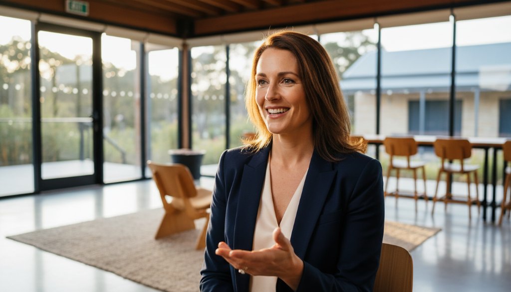An epic moment captured in Daylesford corporate photography for local businesses: A confident female entrepreneur in a stylish blazer, bathed in warm afternoon sunlight, smiles genuinely as she engages with a client in a modern, rustic cafe, showcasing the vibrant and professional atmosphere of Daylesford's business community, shot with dramatic lighting and professional colour grading.