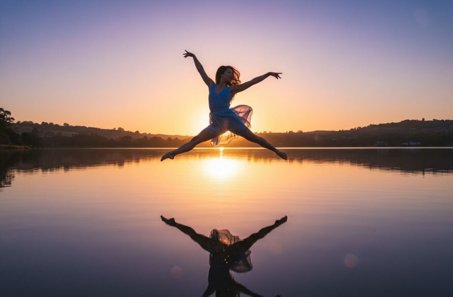 A prima ballerina mid-leap, silhouetted against a golden Daylesford sunset, embodying elegant and powerful Daylesford Dance Photography capturing graceful movement, with dramatic backlighting highlighting her form.