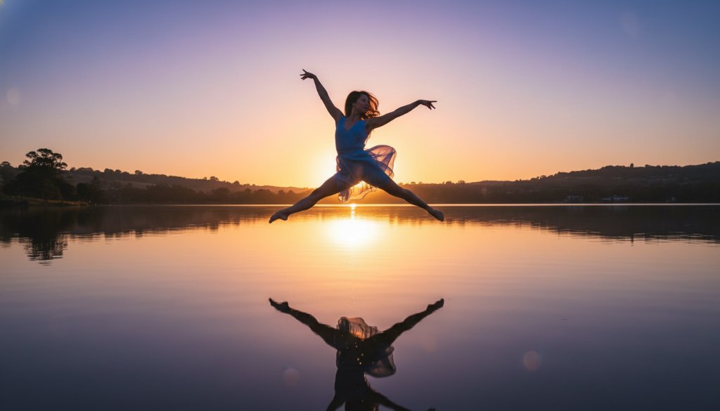 A prima ballerina mid-leap, silhouetted against a golden Daylesford sunset, embodying elegant and powerful Daylesford Dance Photography capturing graceful movement, with dramatic backlighting highlighting her form.