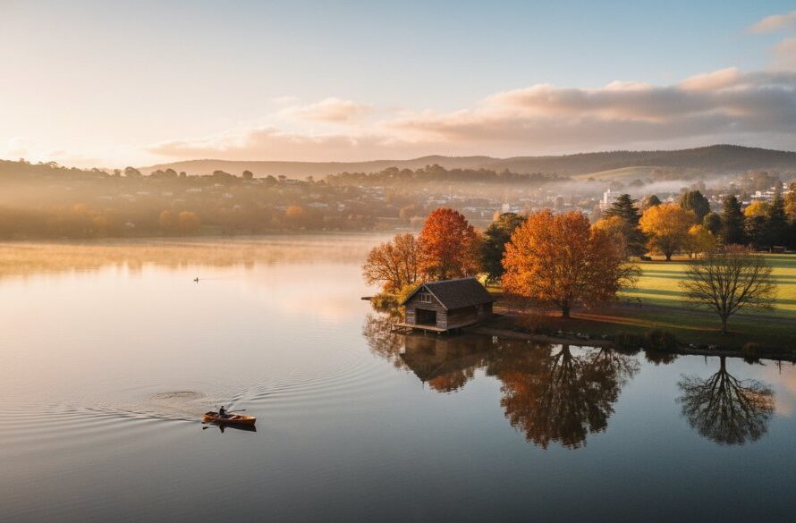 An epic drone photograph showcasing Daylesford Drone Photography Unveiling Victoria's Scenic Beauty, with the morning mist rising over Lake Daylesford, a historic Victorian spa resort town nestled amongst lush rolling hills, captured from high above with golden hour light illuminating the mineral springs and historic architecture.