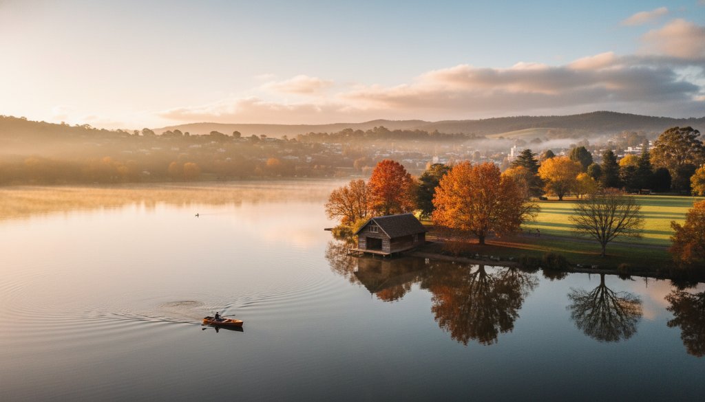 An epic drone photograph showcasing Daylesford Drone Photography Unveiling Victoria's Scenic Beauty, with the morning mist rising over Lake Daylesford, a historic Victorian spa resort town nestled amongst lush rolling hills, captured from high above with golden hour light illuminating the mineral springs and historic architecture.