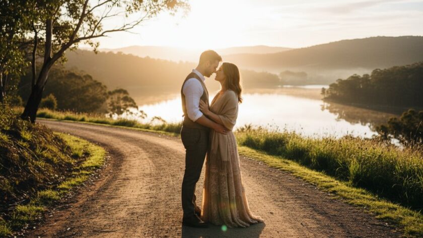 An epic moment captured in Daylesford engagement photography rustic charm Victoria, showing a couple embracing passionately at sunset amidst the golden light and rolling hills, a professional, colour-graded cinematic photograph.