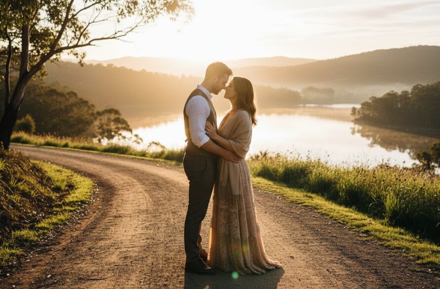 An epic moment captured in Daylesford engagement photography rustic charm Victoria, showing a couple embracing passionately at sunset amidst the golden light and rolling hills, a professional, colour-graded cinematic photograph.