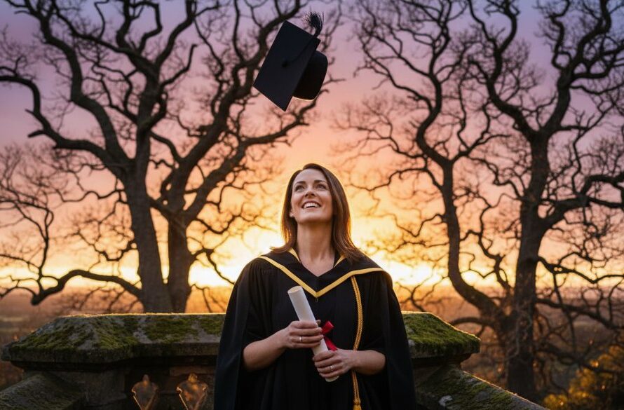 A jubilant graduate in academic regalia, holding their scroll high against the dramatic backdrop of Daylesford's iconic Lake Daylesford at sunset, embodying Daylesford Graduation Photography Epic Moments with professional lighting and vibrant colour grading.
