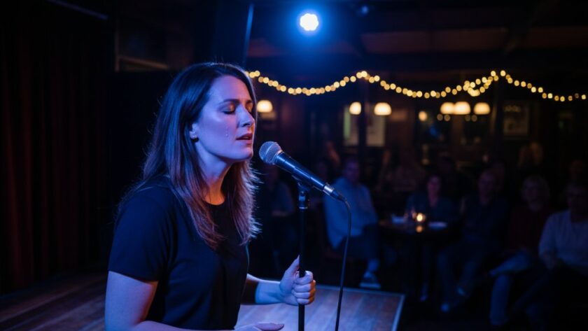 A dramatic close-up of a musician passionately playing guitar on stage, bathed in warm, ethereal spotlighting, capturing the raw emotion and energy of Daylesford intimate gig photography at a cozy Daylesford venue.